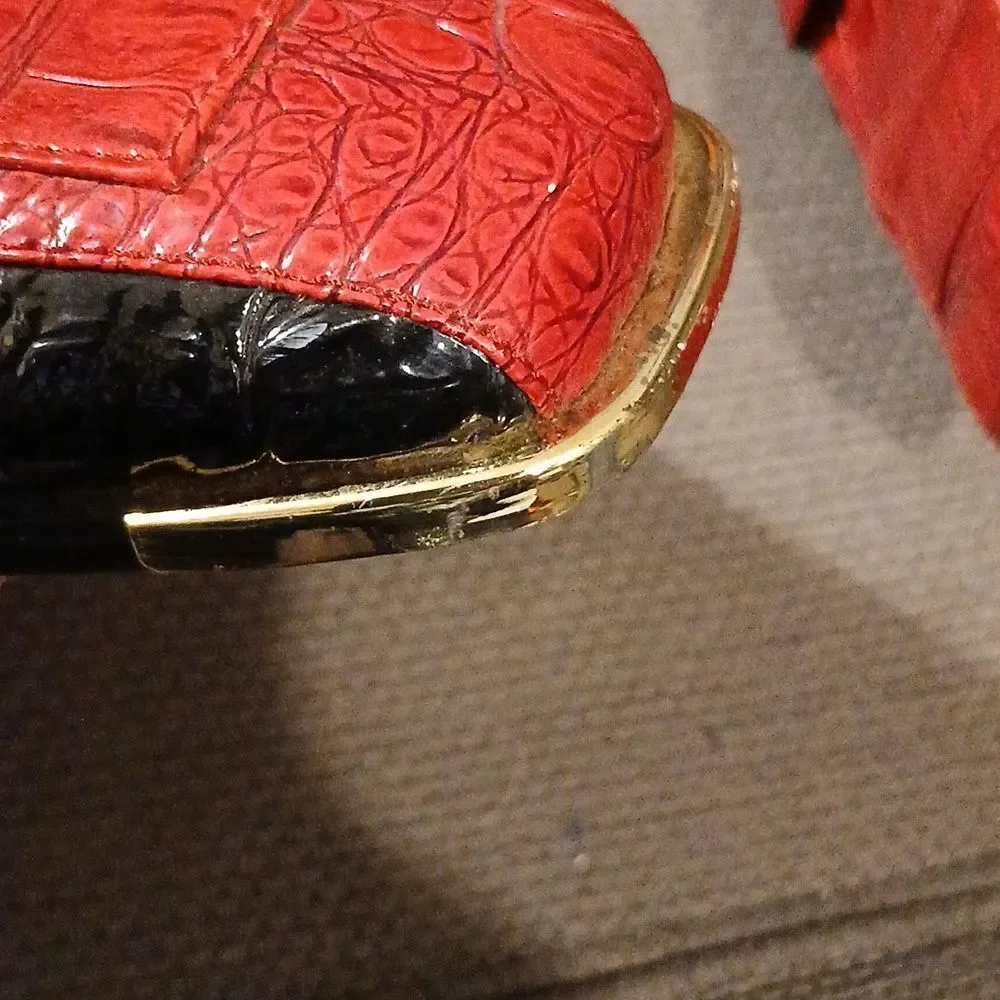 Men's Red & Black Faux Crocodile Pattern Shoes With Gold Tips & Heel Accent LL3